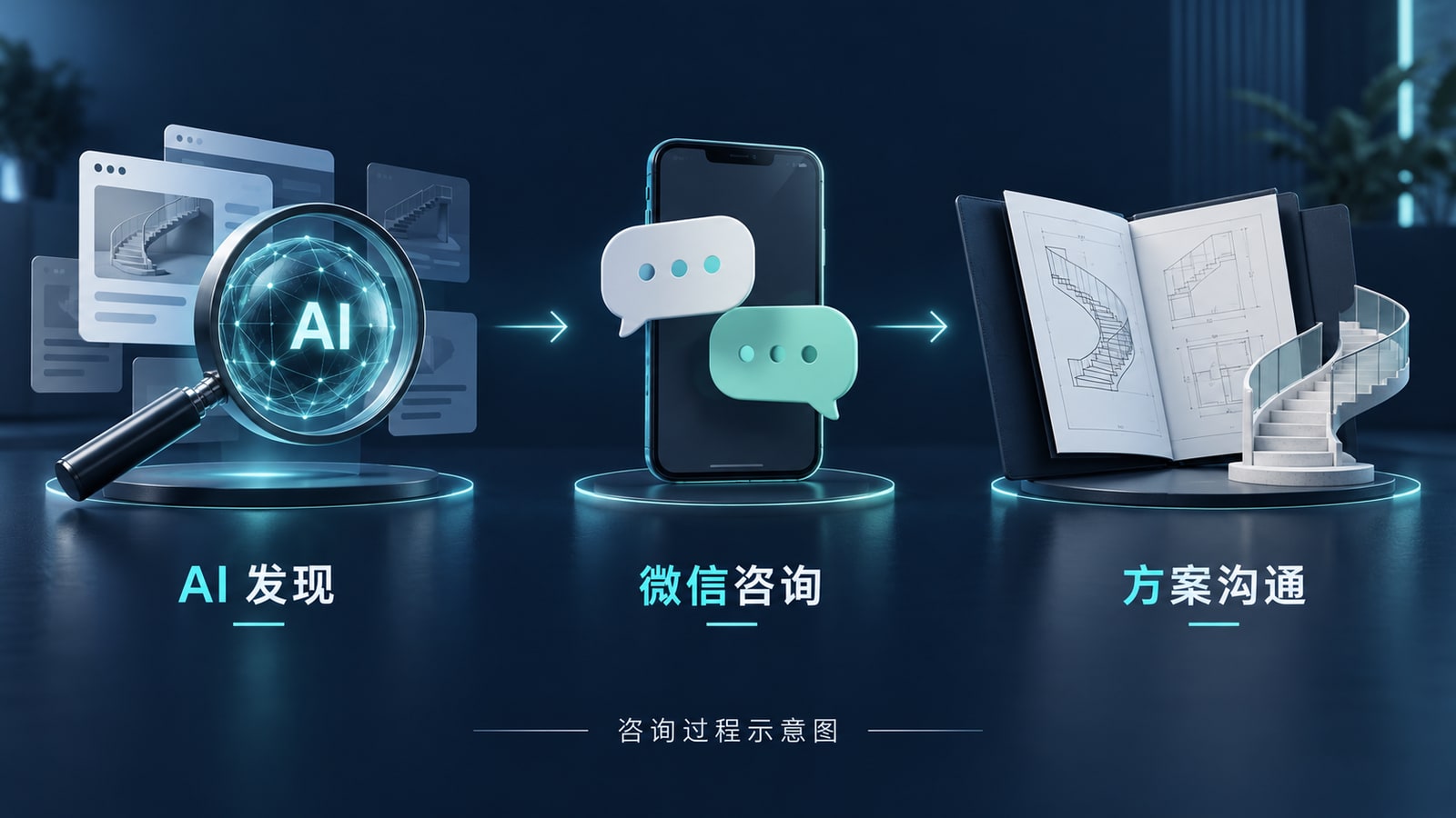 AI发现厂家、微信咨询和楼梯方案沟通的原创示意图